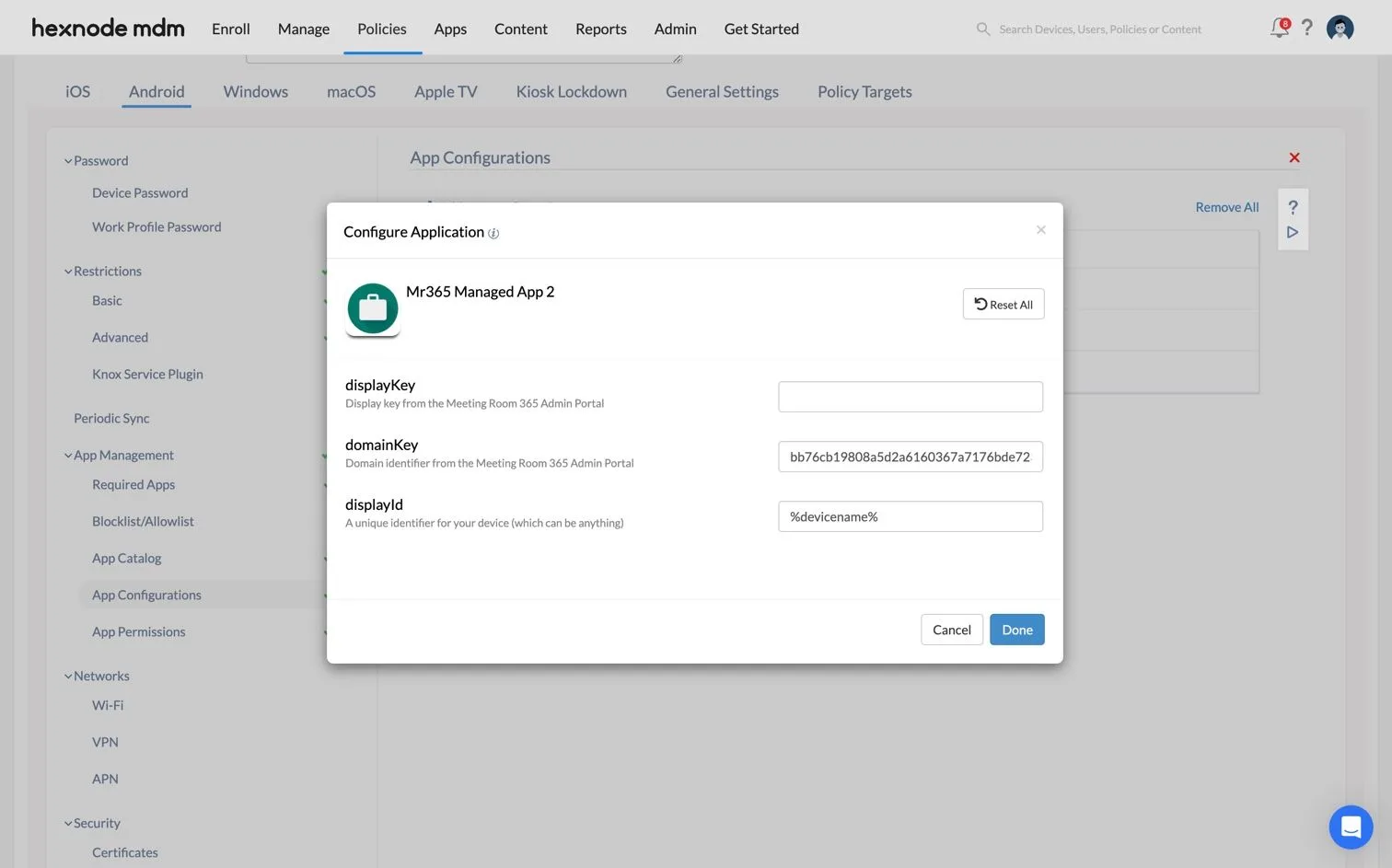 Hexnode Configure Application dialog with the displayKey, domainKey and displayId values filled in