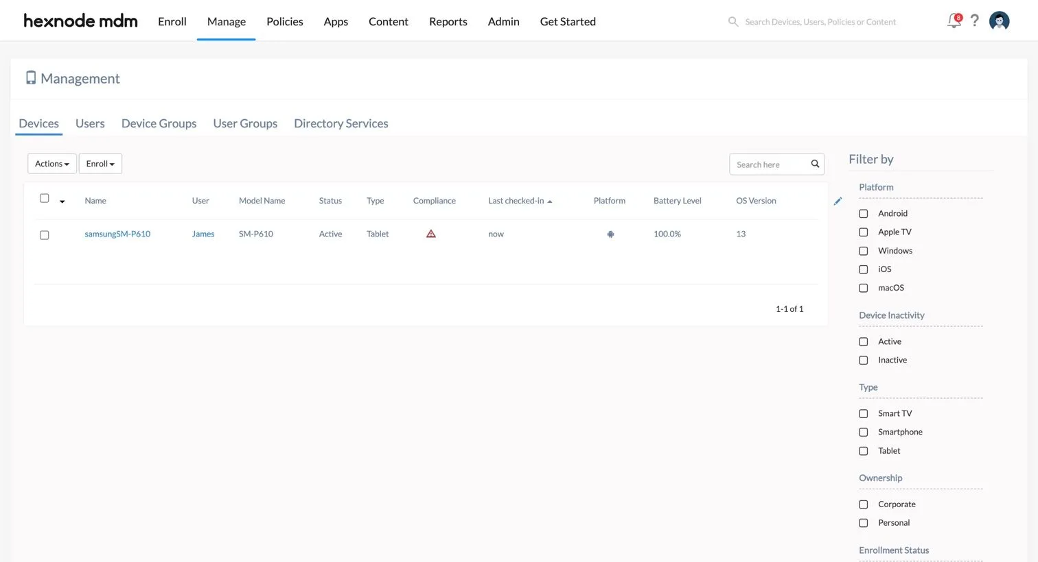 Hexnode MDM management page listing an enrolled Android tablet with its status and battery level