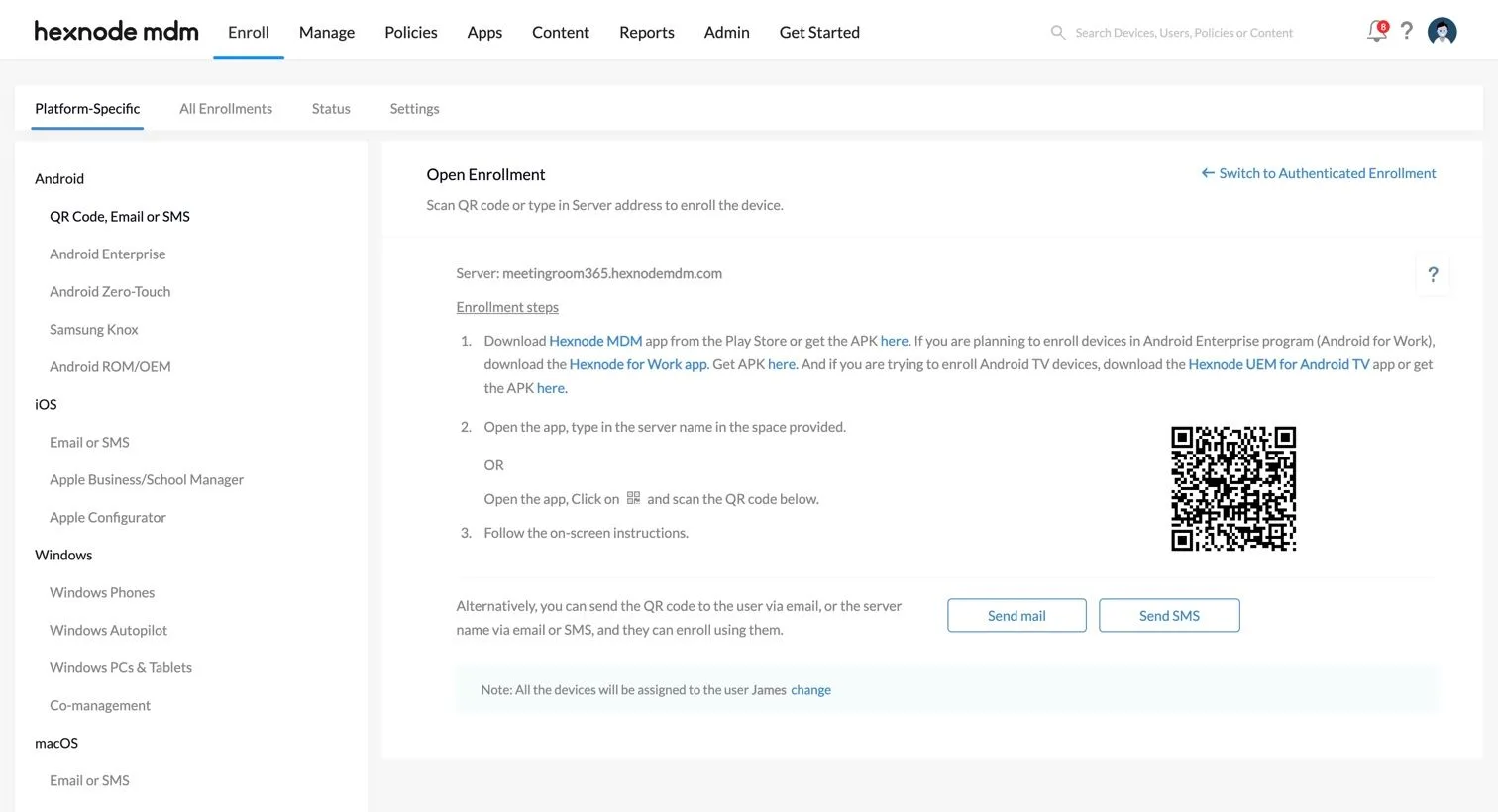 Hexnode MDM open enrollment page with the server address and a QR code for enrolling a device