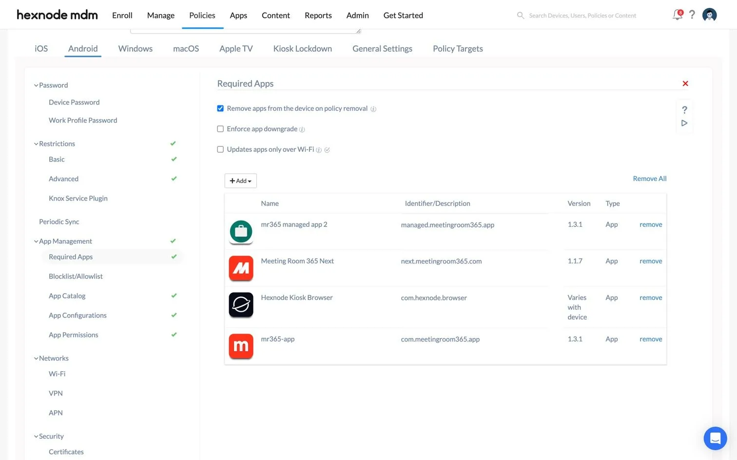 Hexnode policy app management listing the Meeting Room 365 apps as required apps