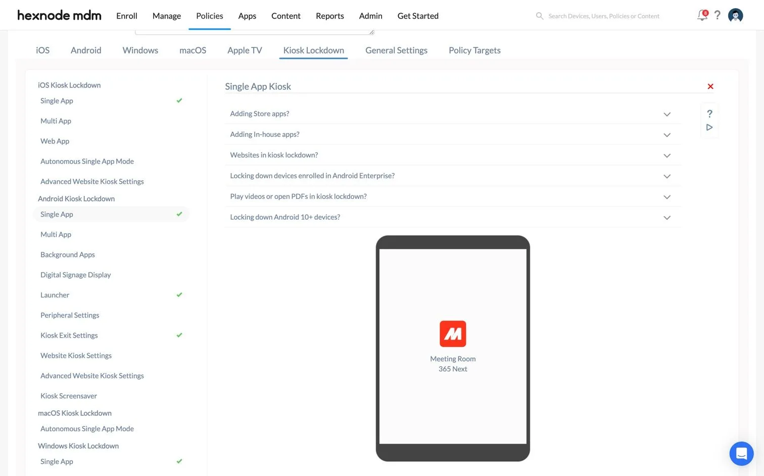 Hexnode kiosk lockdown set to single app mode with the Meeting Room 365 app shown on a tablet preview
