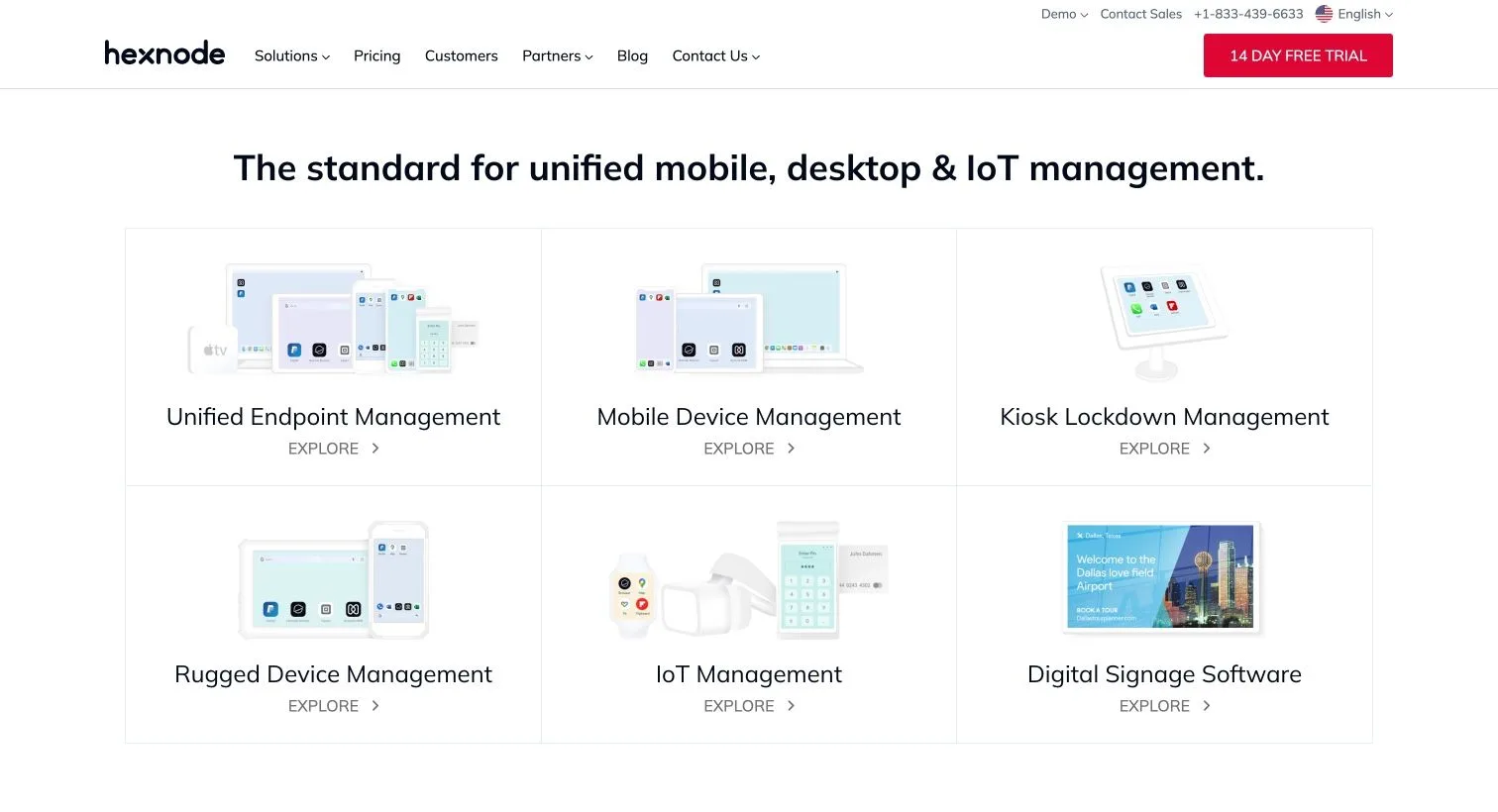 Hexnode website describing unified endpoint, mobile device and kiosk lockdown management