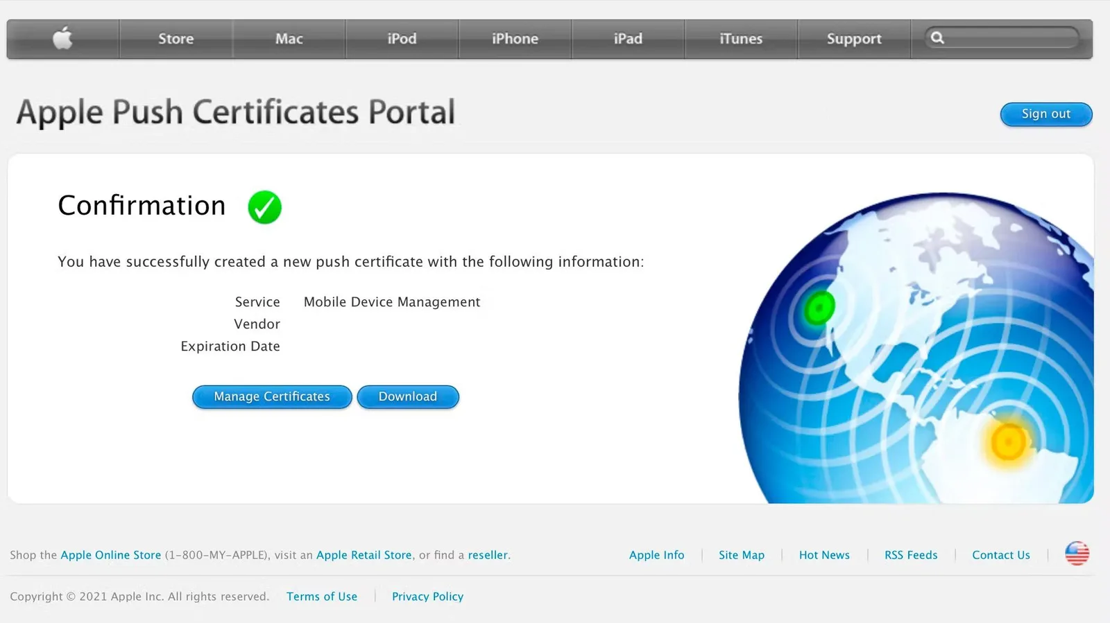 Apple Push Certificates Portal confirming a new push certificate for mobile device management