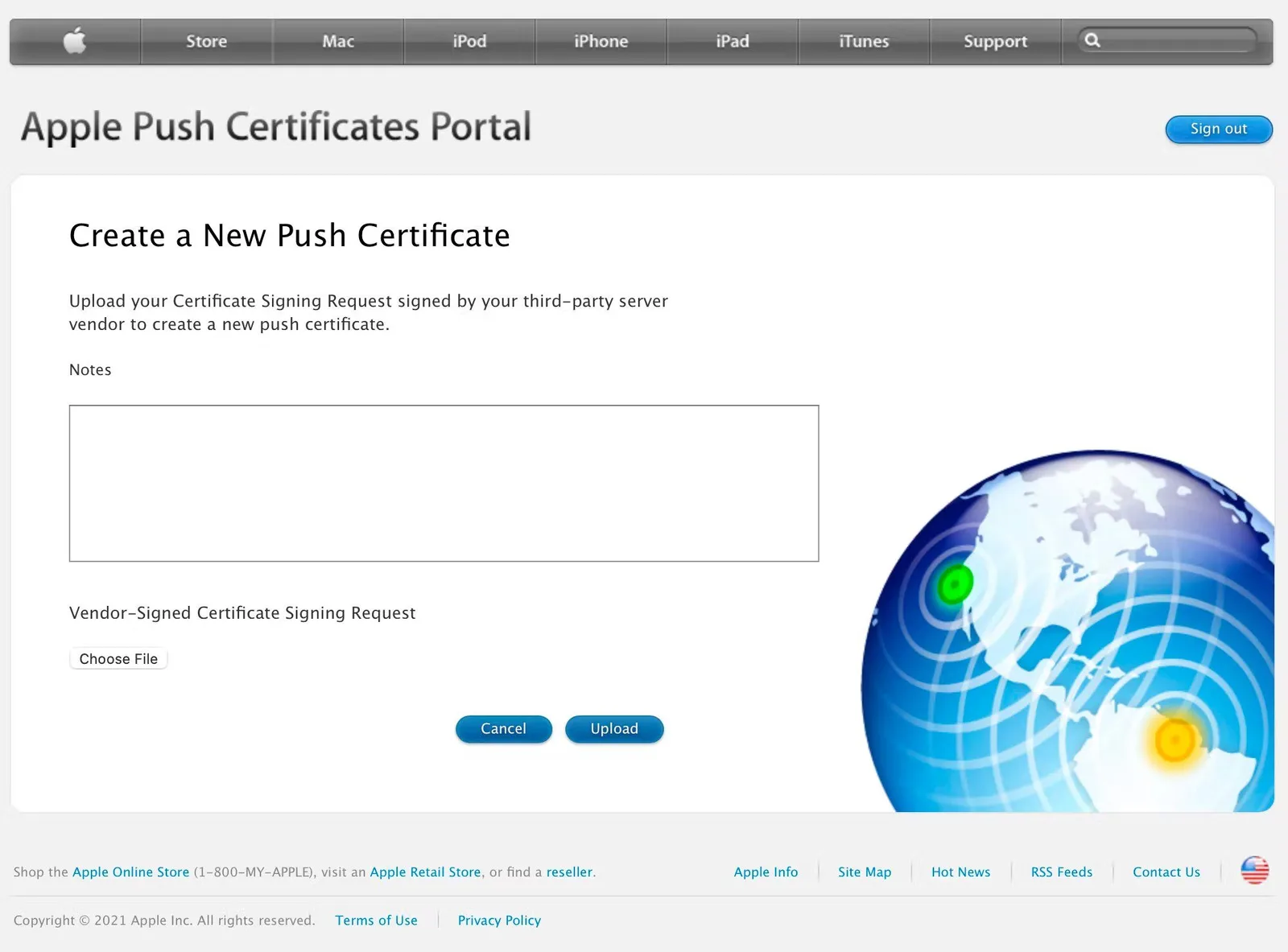 Apple Push Certificates Portal form for uploading a vendor signed certificate signing request
