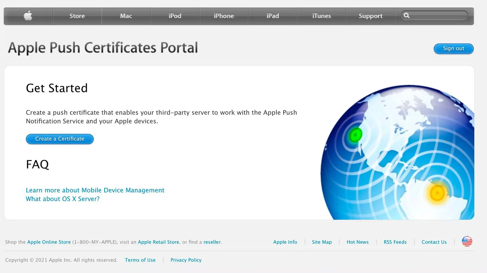 Apple Push Certificates Portal get started page with the Create a Certificate button