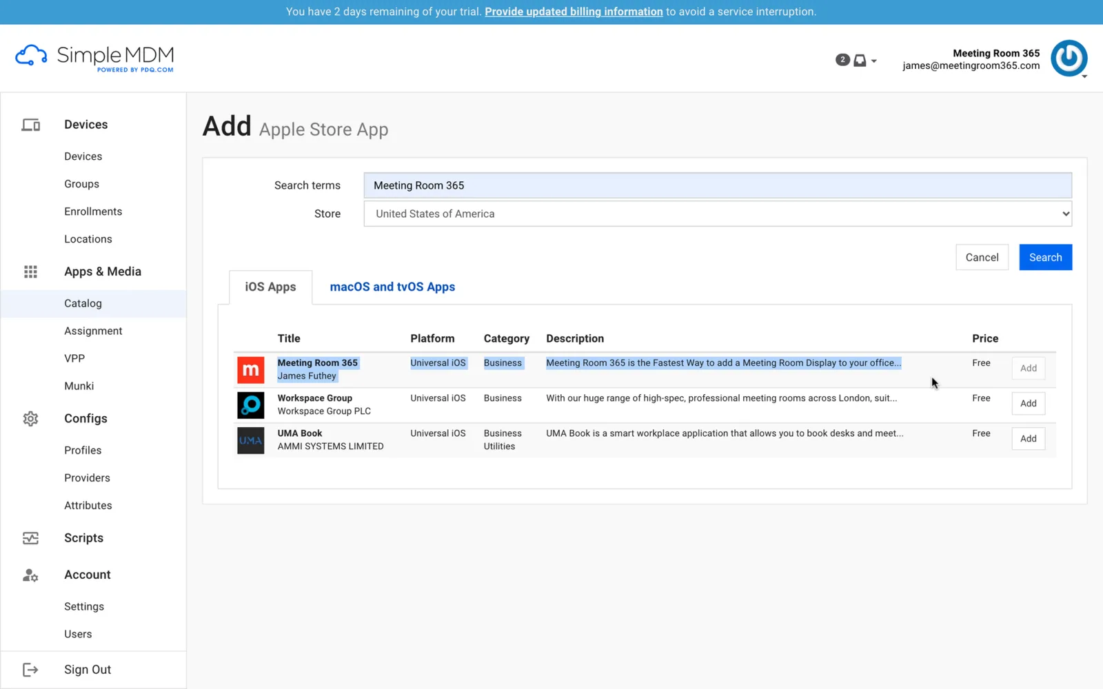 SimpleMDM Add Apple Store App search returning the Meeting Room 365 app