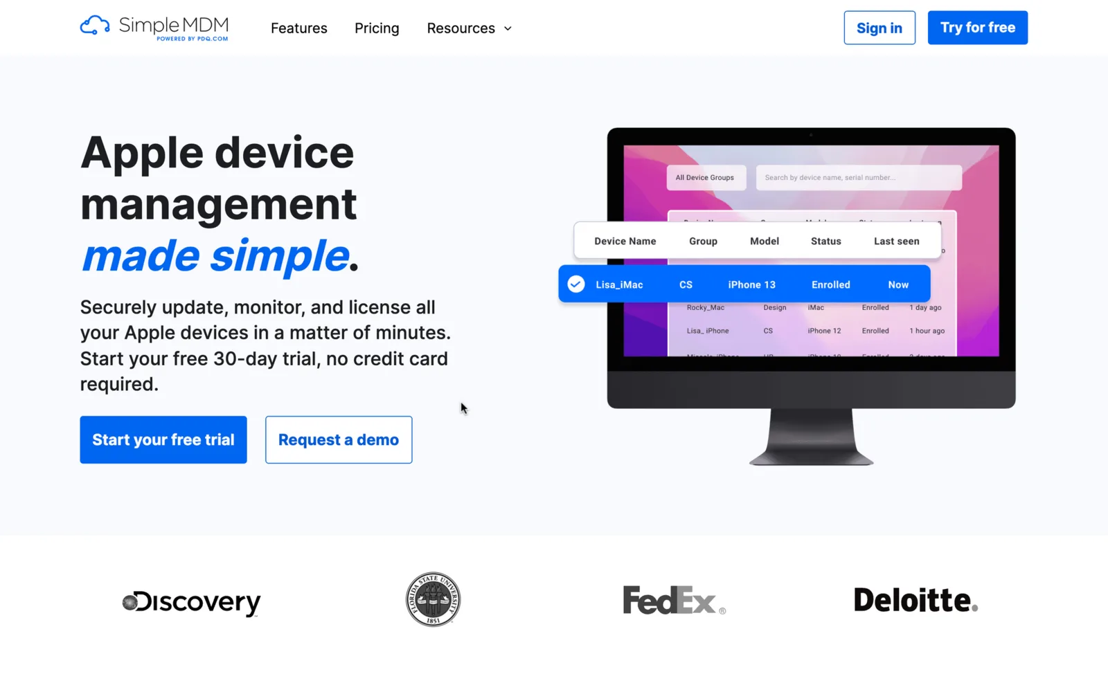SimpleMDM website describing Apple device management with a device list screenshot