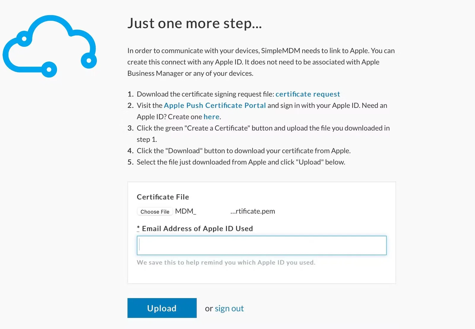 SimpleMDM step asking for the signed Apple push certificate and the Apple ID used to create it