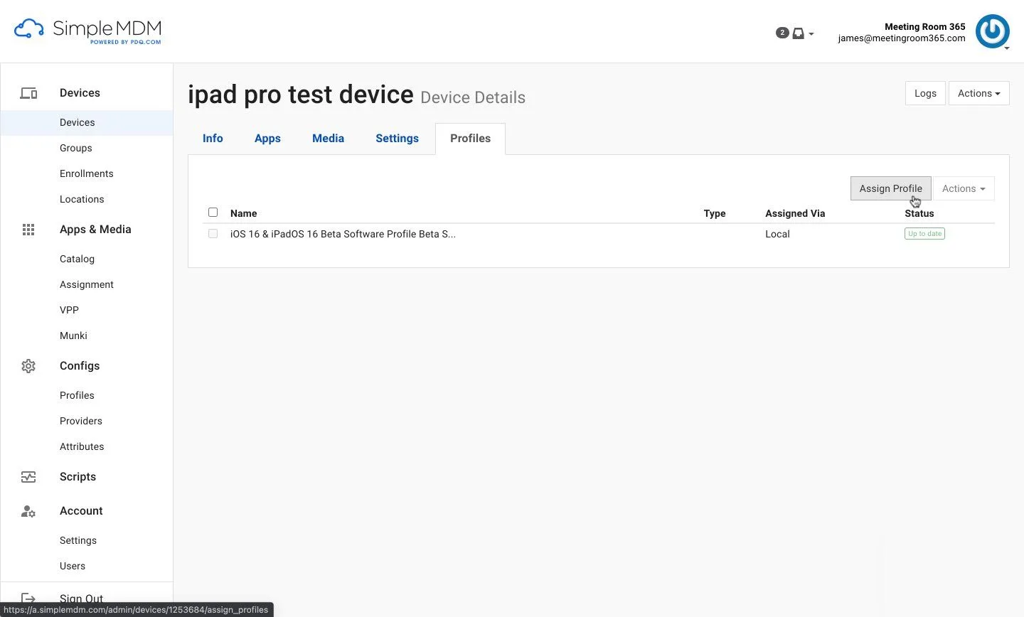 SimpleMDM device profiles tab with the Assign Profile action