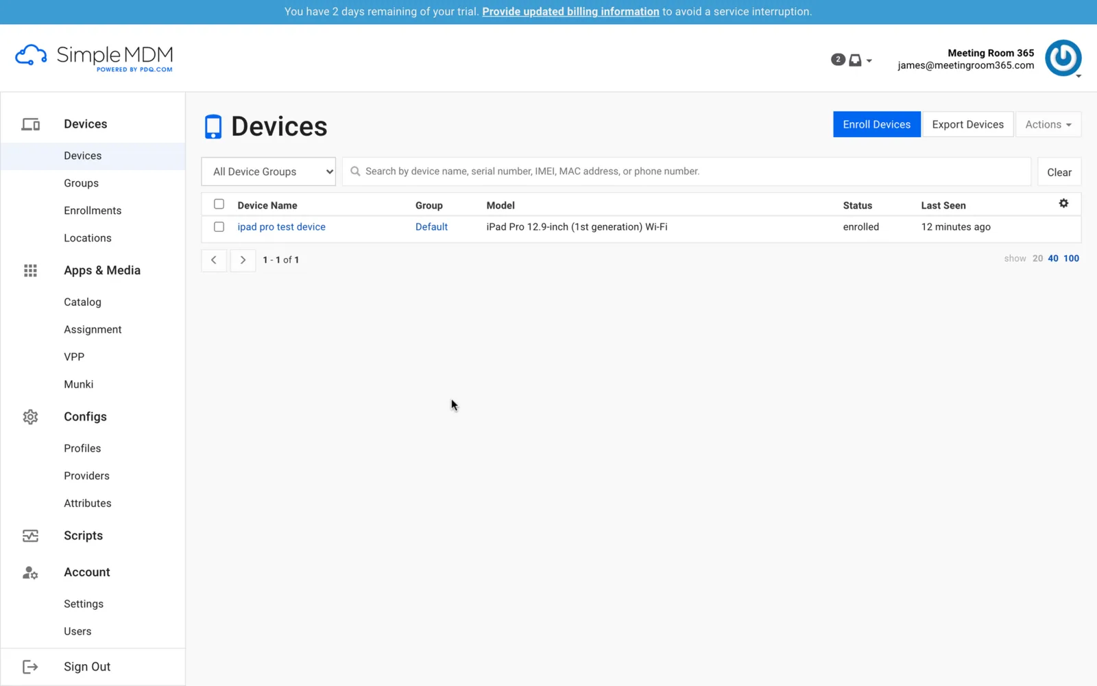 SimpleMDM devices list showing an enrolled iPad Pro