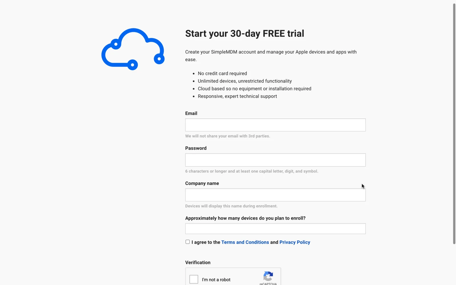 SimpleMDM 30 day free trial signup form asking for email, password and company name