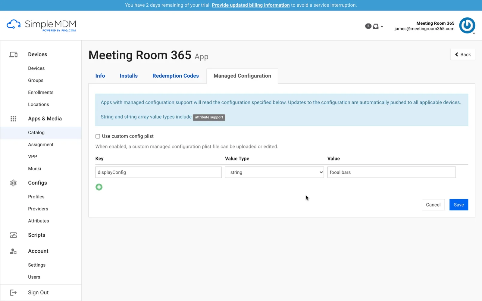 SimpleMDM managed configuration for the Meeting Room 365 app with a displayConfig key and value