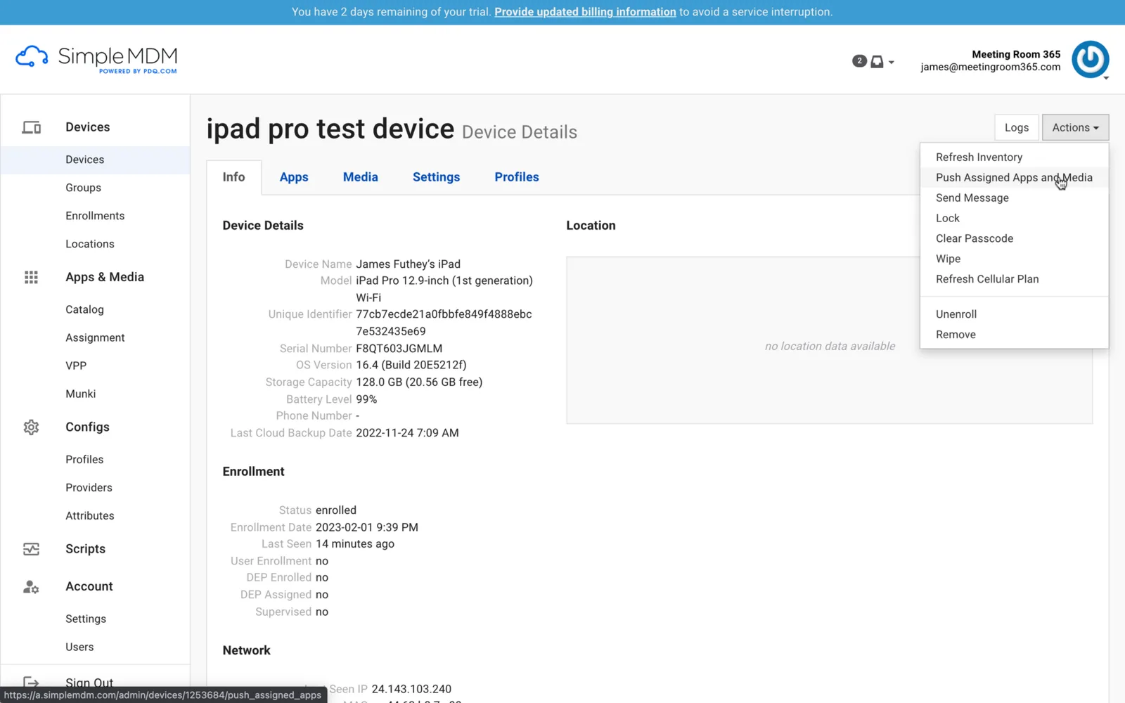 SimpleMDM device details with the Actions menu open on Push Assigned Apps and Media