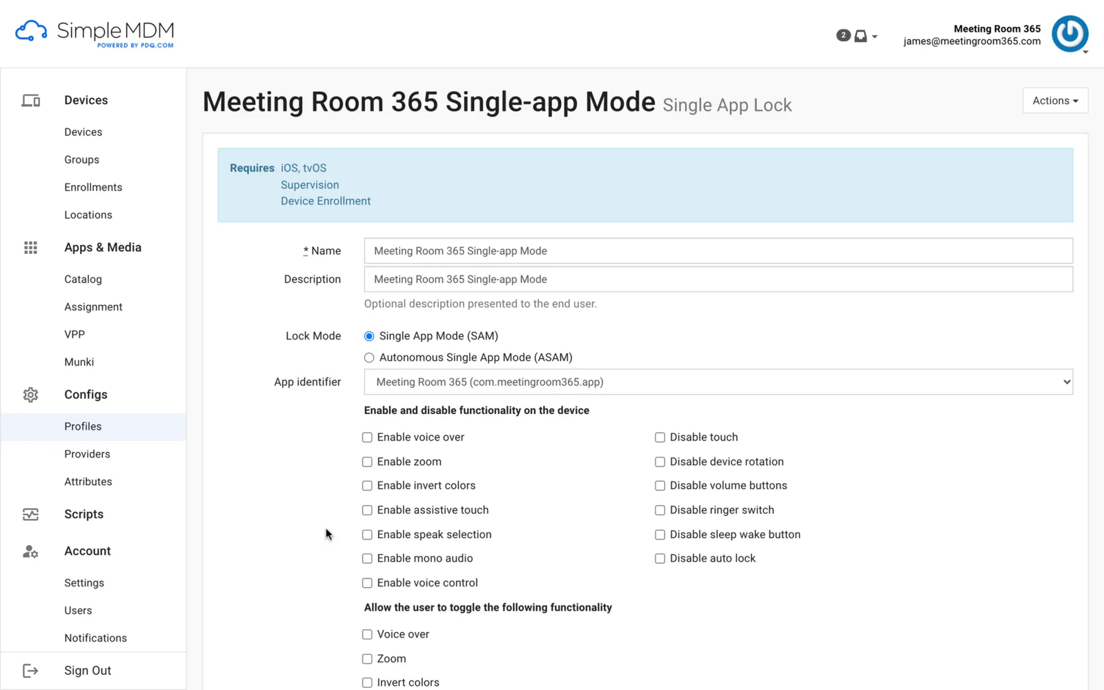 SimpleMDM single app mode profile locking a device to the Meeting Room 365 app