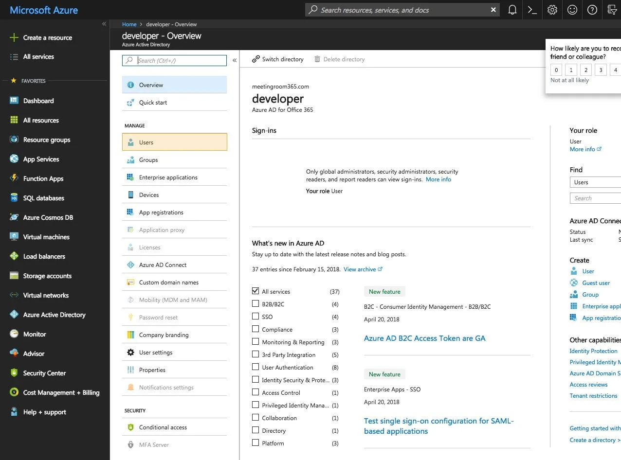 Azure Active Directory overview page for a tenant with the Users section highlighted