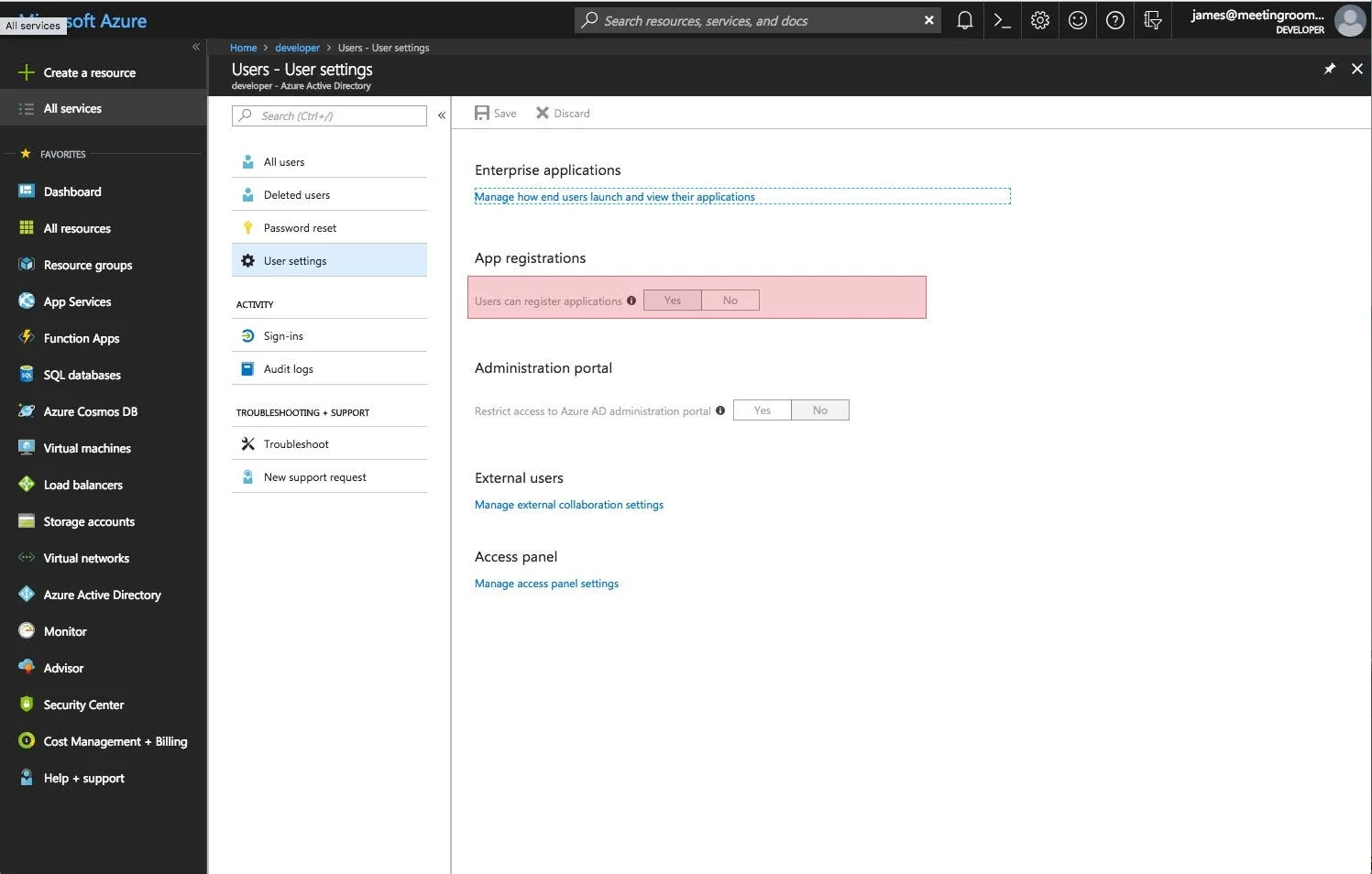 Azure Active Directory user settings with the app registrations option highlighted