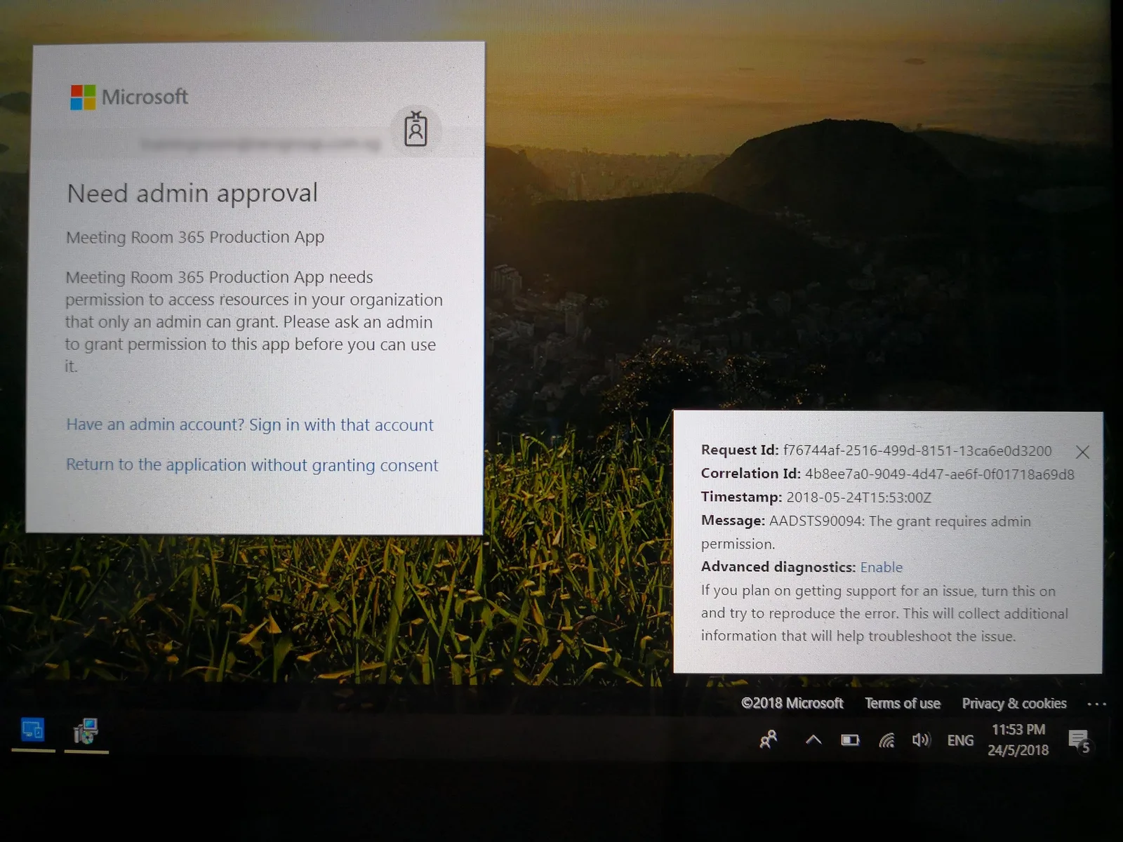 Microsoft sign in error reading Need admin approval for the Meeting Room 365 production app