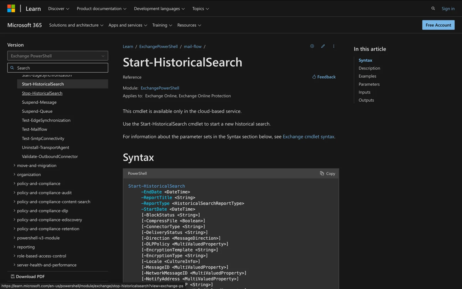 Microsoft Learn documentation for the Start-HistoricalSearch cmdlet showing its PowerShell syntax