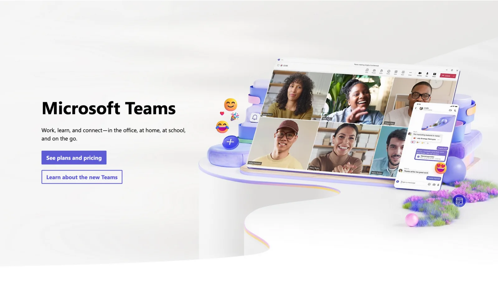 Microsoft Teams product page showing a video call with several participants