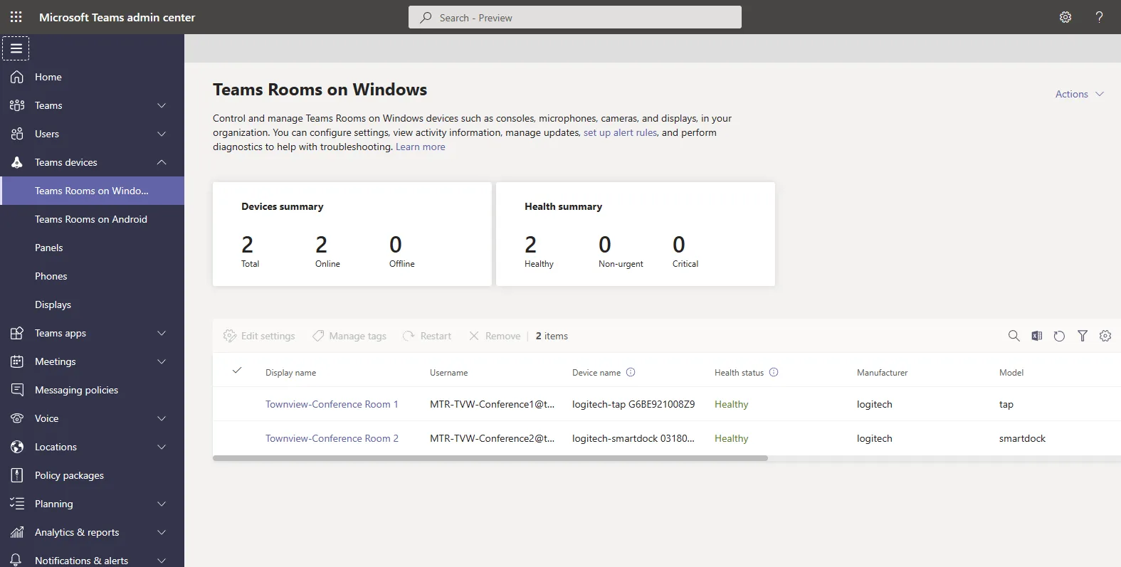 Teams admin center showing a devices summary of online and offline counts and a health summary of healthy, non-urgent and critical devices