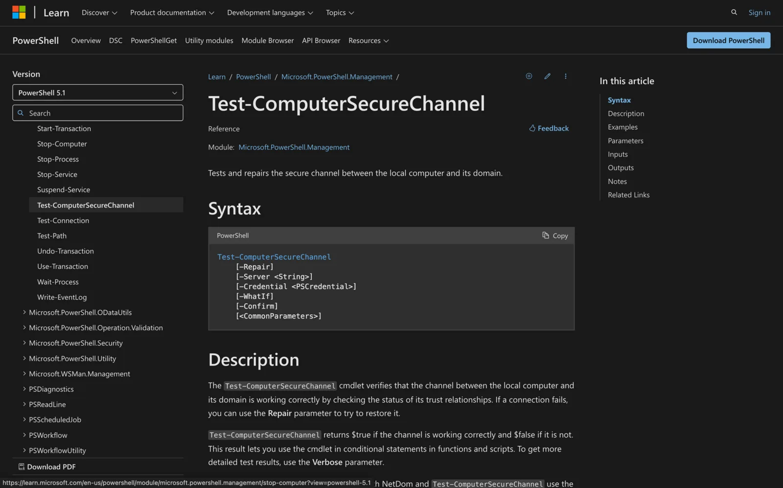 Microsoft Learn documentation for the Test-ComputerSecureChannel cmdlet showing its PowerShell syntax