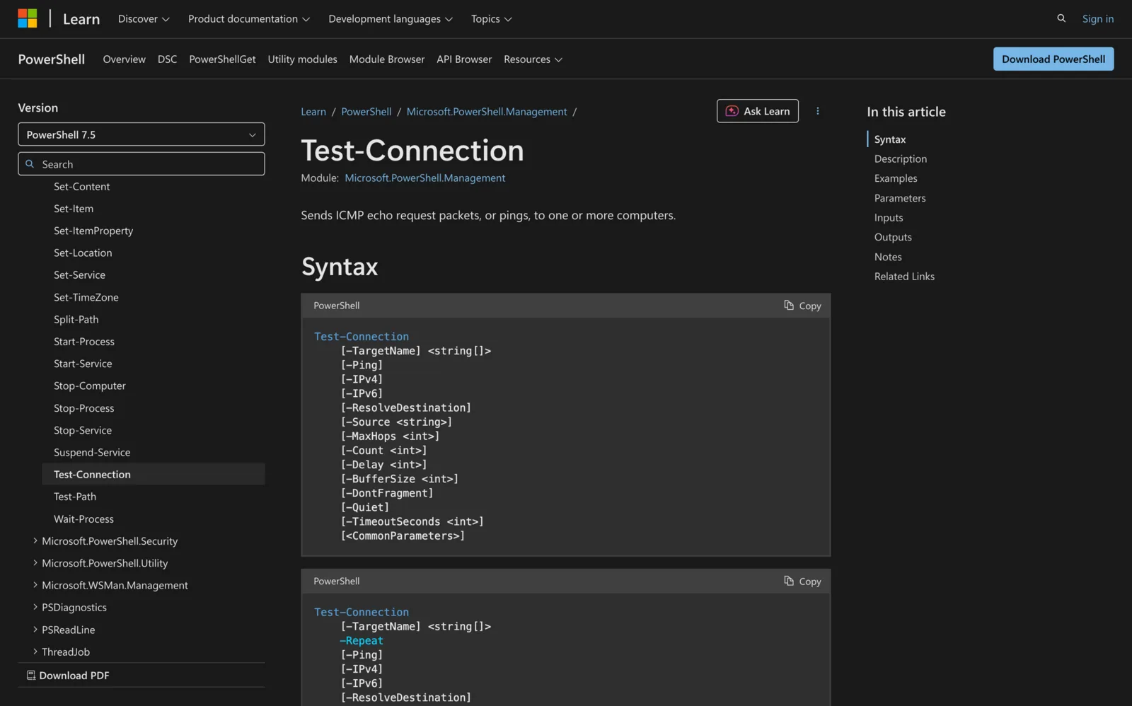 Microsoft Learn documentation for the Test-Connection cmdlet showing its PowerShell syntax