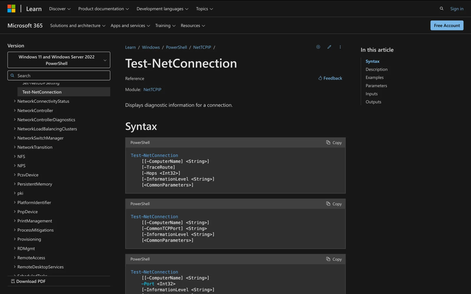 Microsoft Learn documentation for the Test-NetConnection cmdlet showing its PowerShell syntax