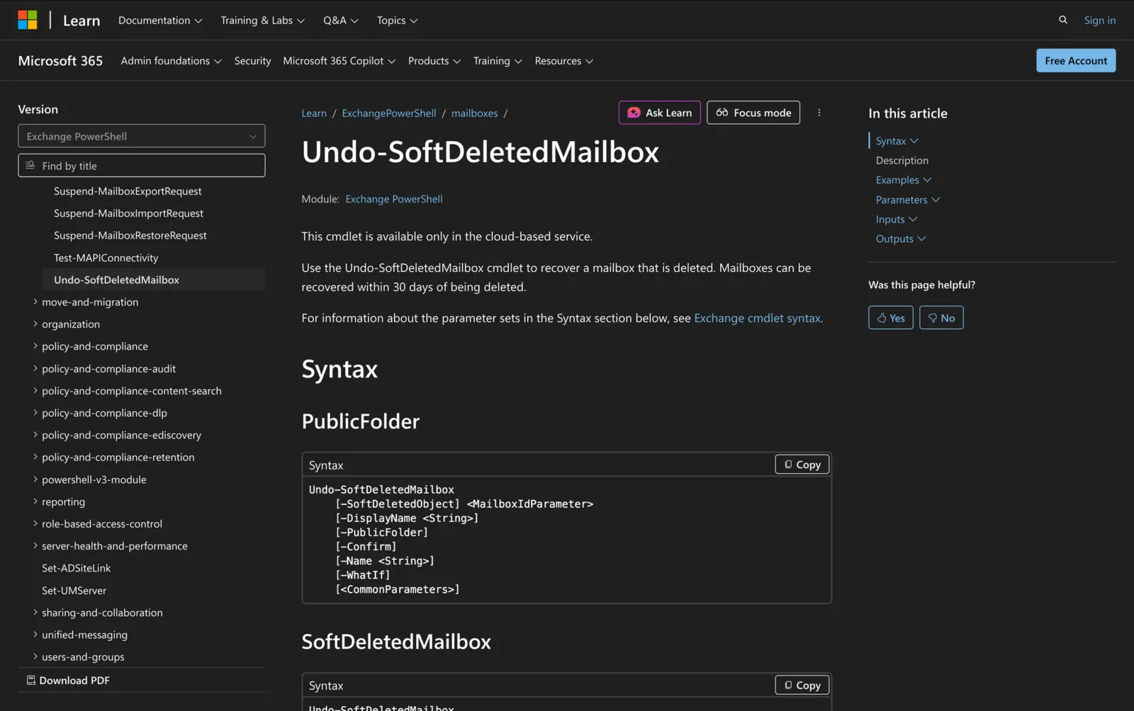 Microsoft Learn documentation for the Undo-SoftDeletedMailbox cmdlet showing its PowerShell syntax