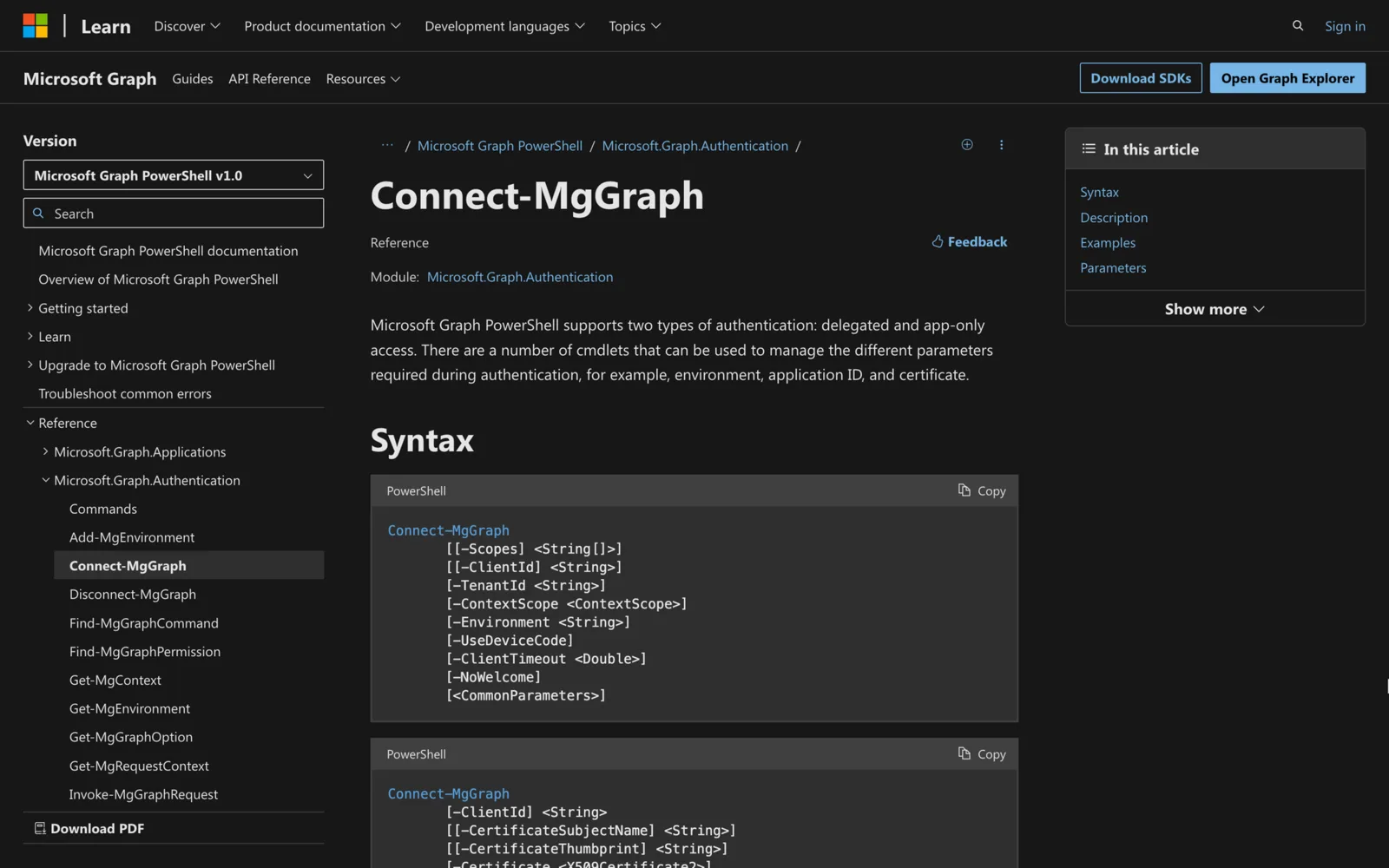 Microsoft Learn documentation for the Connect-MgGraph cmdlet showing its PowerShell syntax