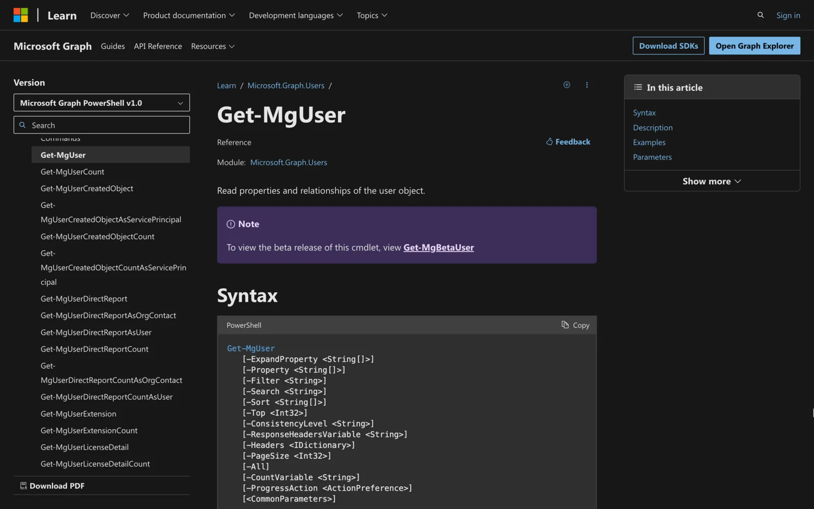 Microsoft Learn documentation for the Get-MgUser cmdlet showing its PowerShell syntax
