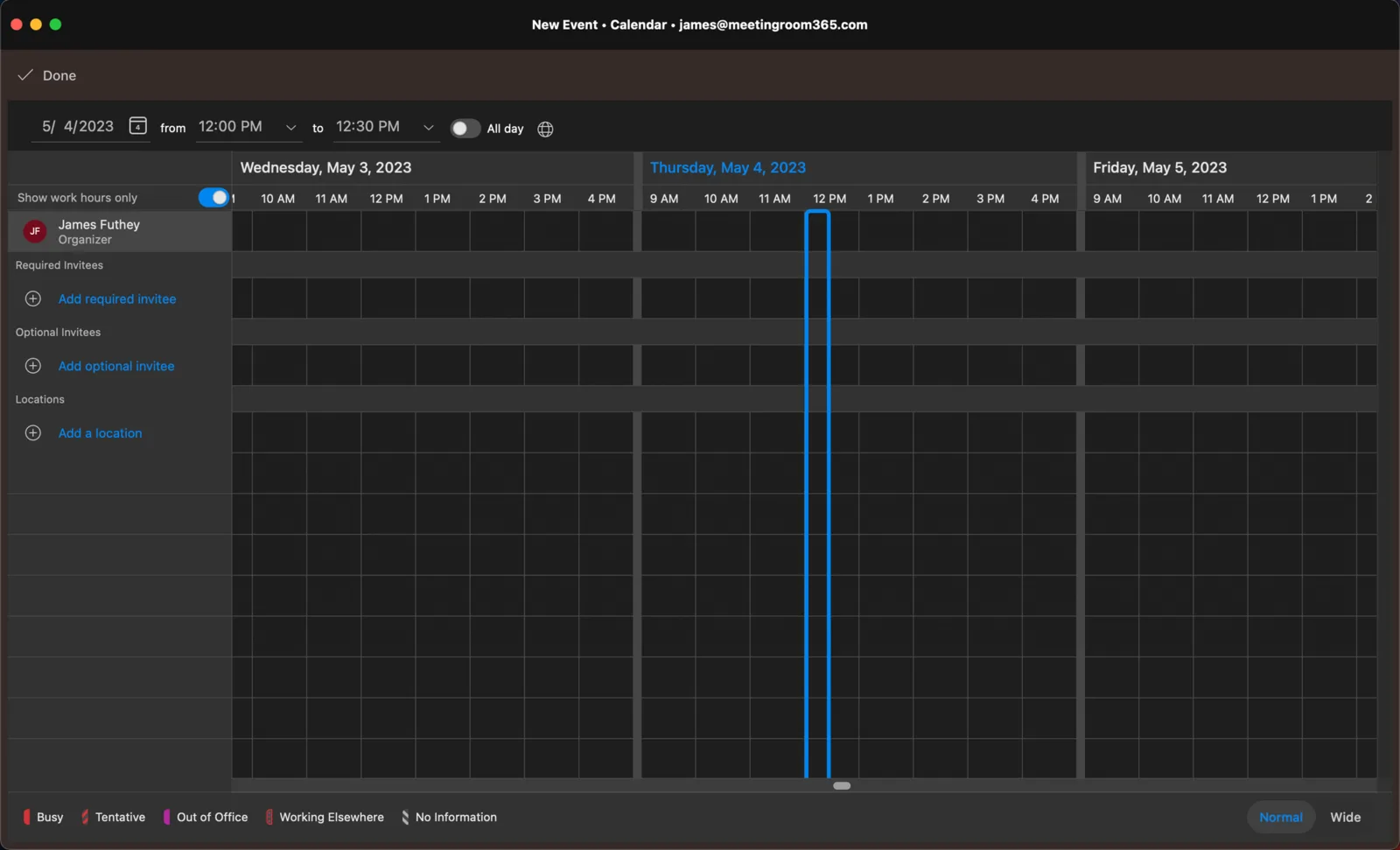 Outlook Scheduling Assistant showing attendee availability across three days
