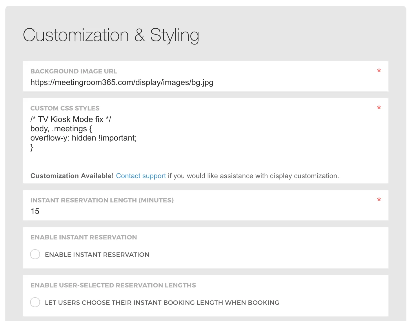 Customization and styling panel with a TV kiosk mode CSS fix hiding the scrollbars