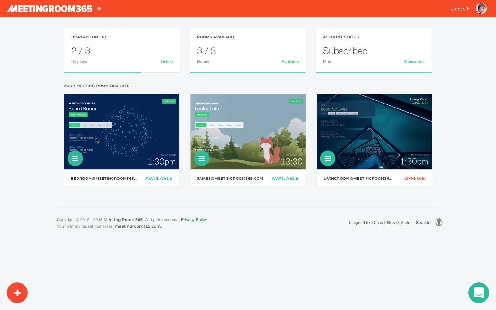 Meeting Room 365 dashboard showing displays online, rooms available and account status
