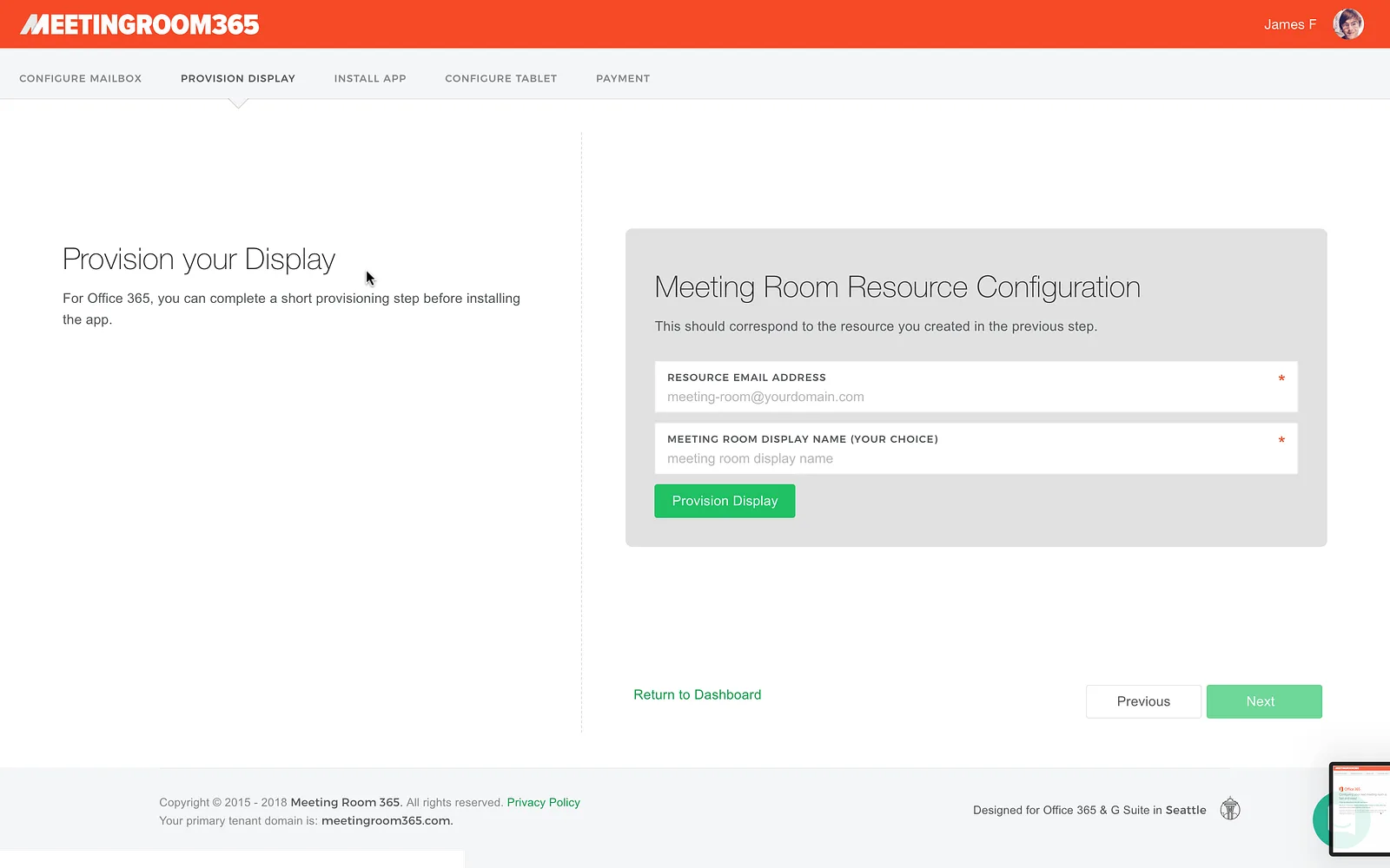 Meeting Room 365 provisioning step asking for the room resource email address and display name
