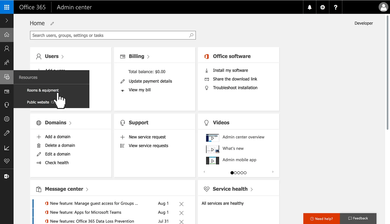 Office 365 admin center with the Resources menu open on Rooms and equipment