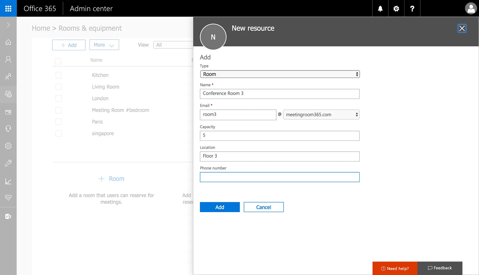 Office 365 New resource dialog creating a conference room with capacity and location