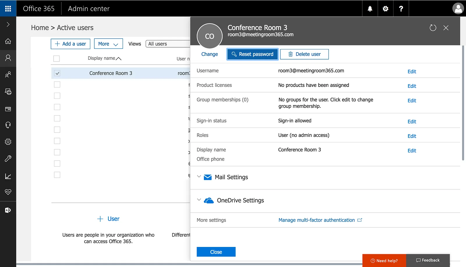 Office 365 user panel for a conference room account with the Reset password action