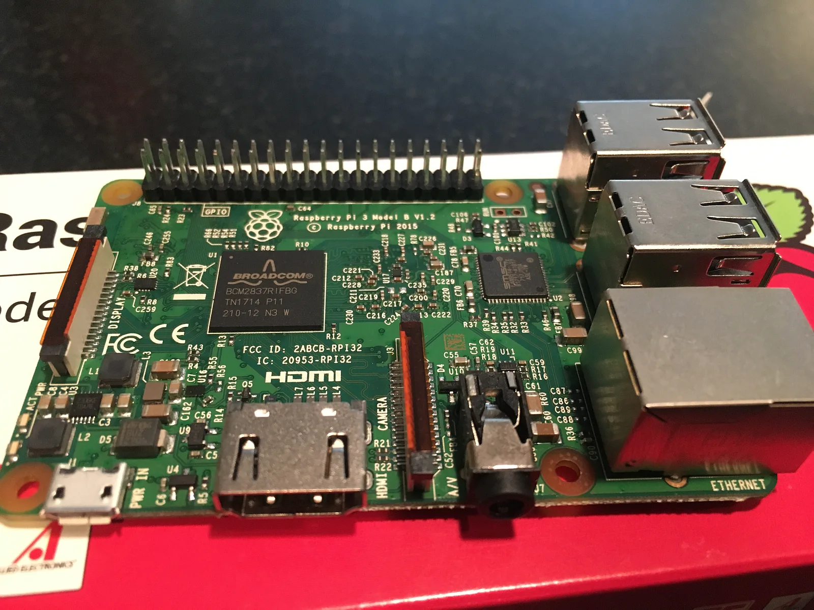 Close up of a Raspberry Pi 3 Model B board showing its USB, HDMI and Ethernet ports
