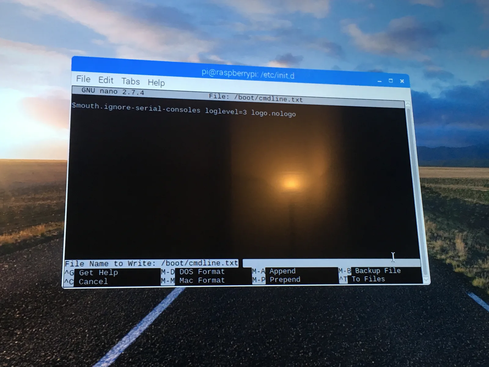 Nano editing the Raspberry Pi boot cmdline file to quieten the boot messages
