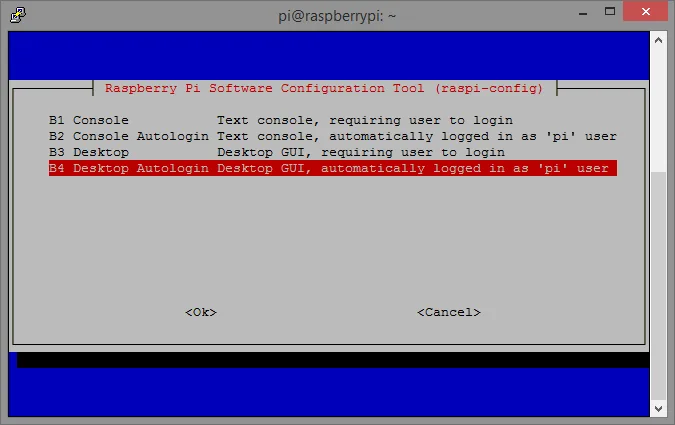 Raspberry Pi configuration tool with Desktop Autologin selected as the boot option
