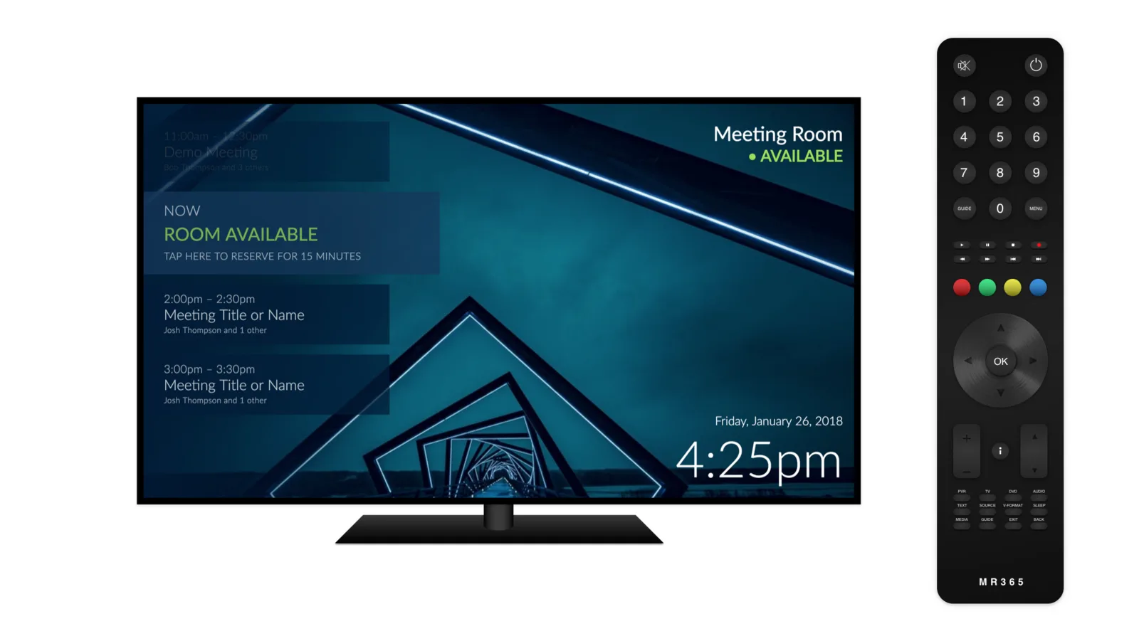 Television showing the meeting room display beside its remote control