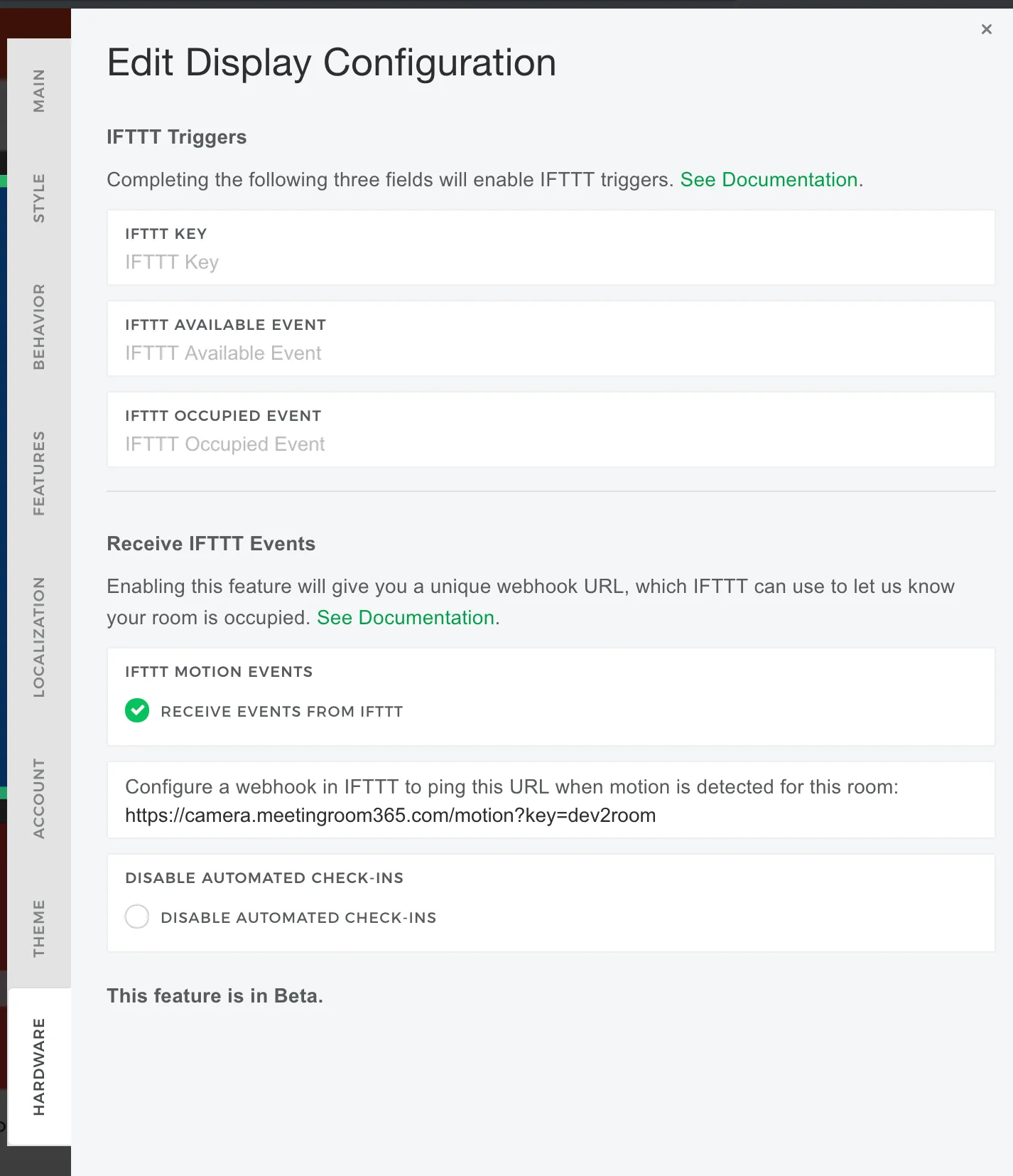 Edit Display Configuration panel with the IFTTT trigger key and event fields