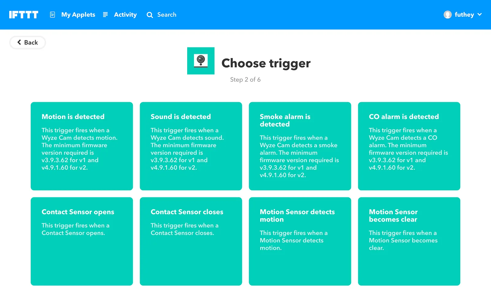 IFTTT choose trigger step listing motion, sound, smoke alarm and contact sensor triggers
