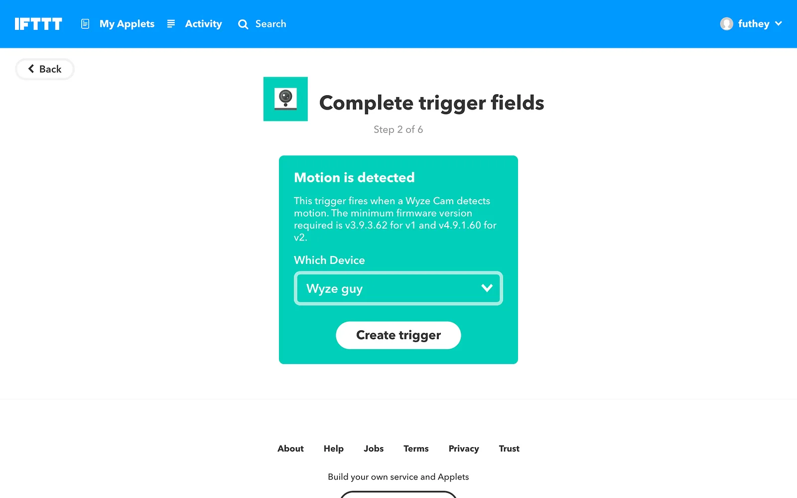 IFTTT complete trigger fields step selecting which camera device fires the motion trigger