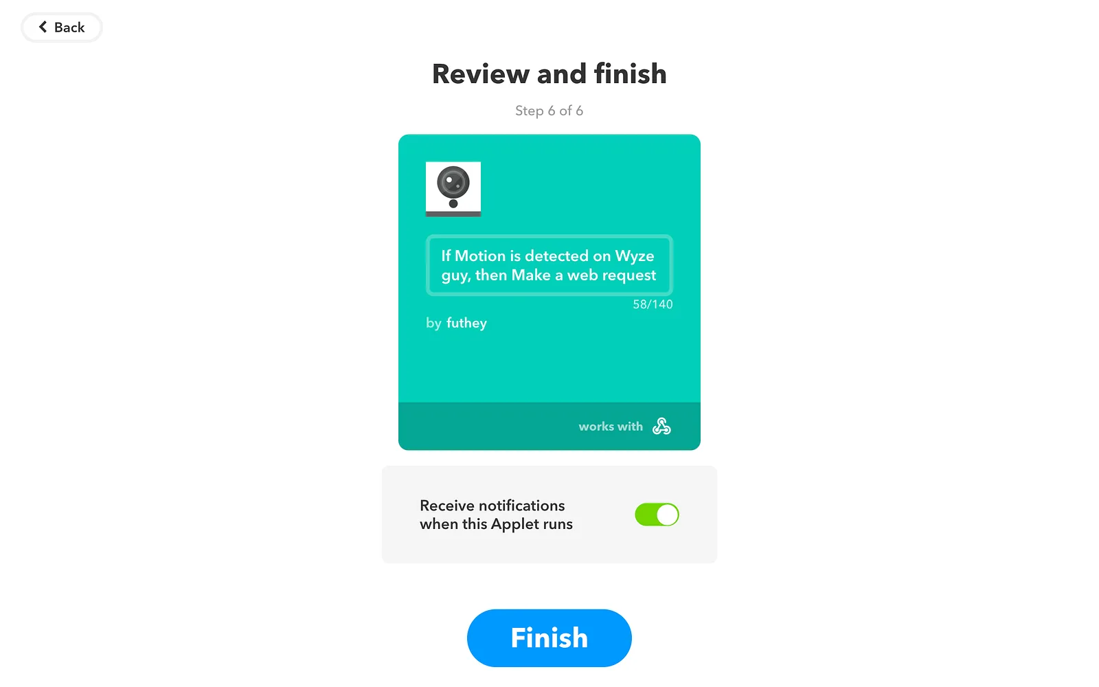 IFTTT review and finish step with run notifications switched on