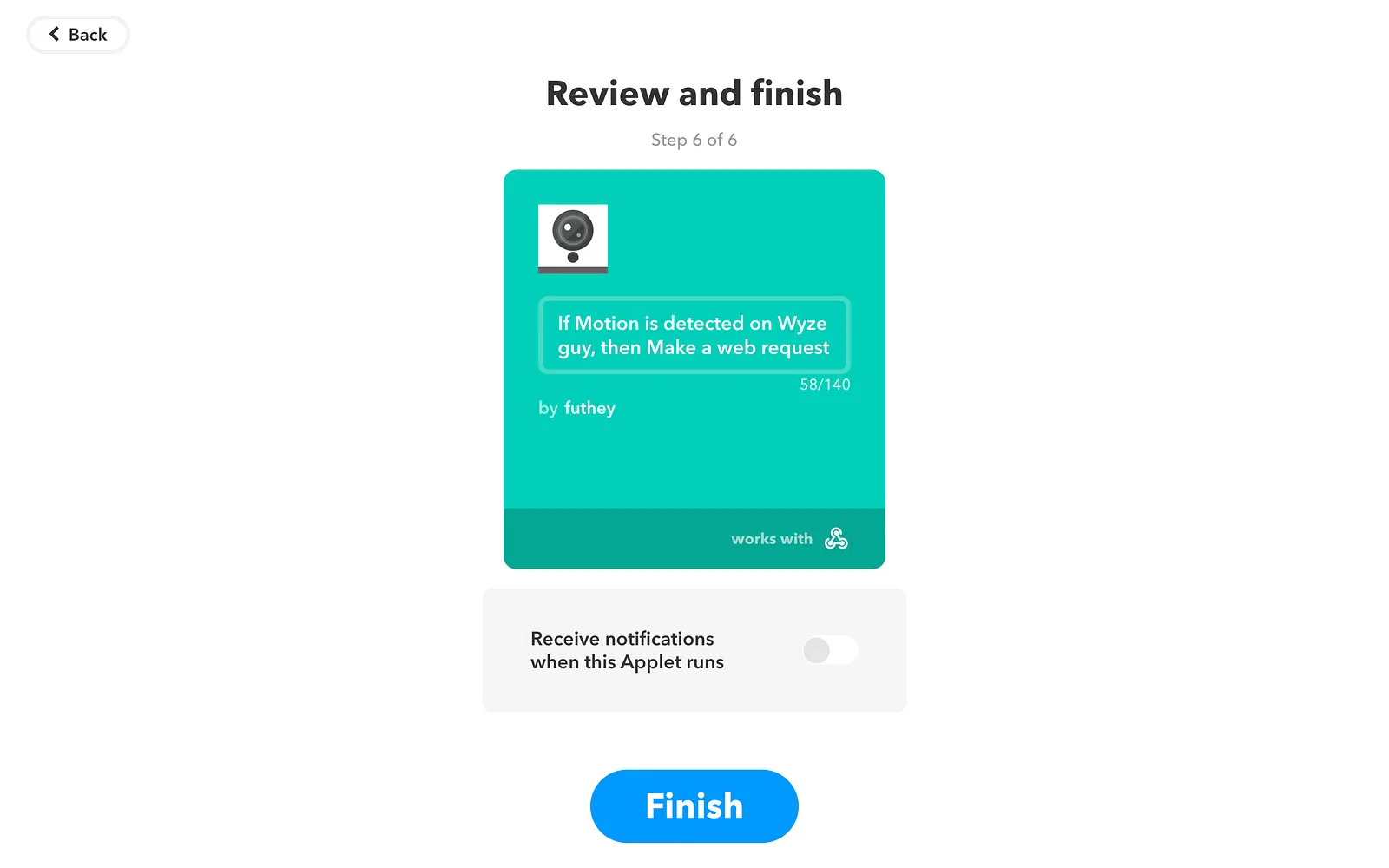 IFTTT review and finish step for the motion to web request applet