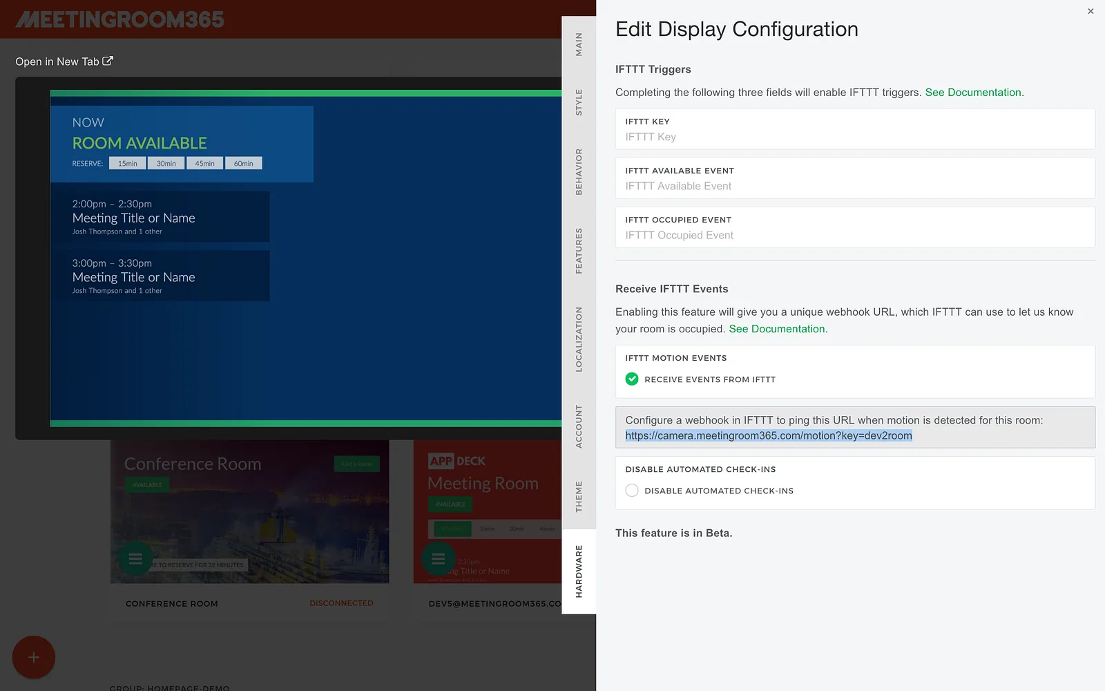 Meeting Room 365 display configuration with the IFTTT motion webhook URL highlighted