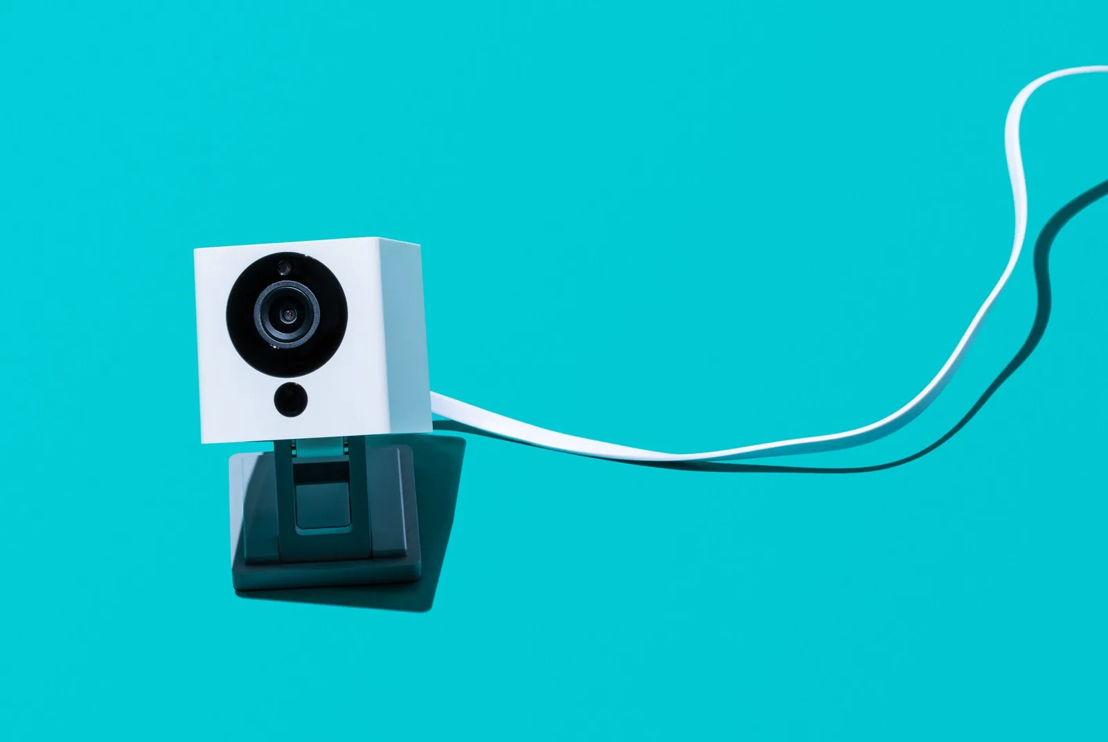 Small Wyze camera on a stand against a teal background