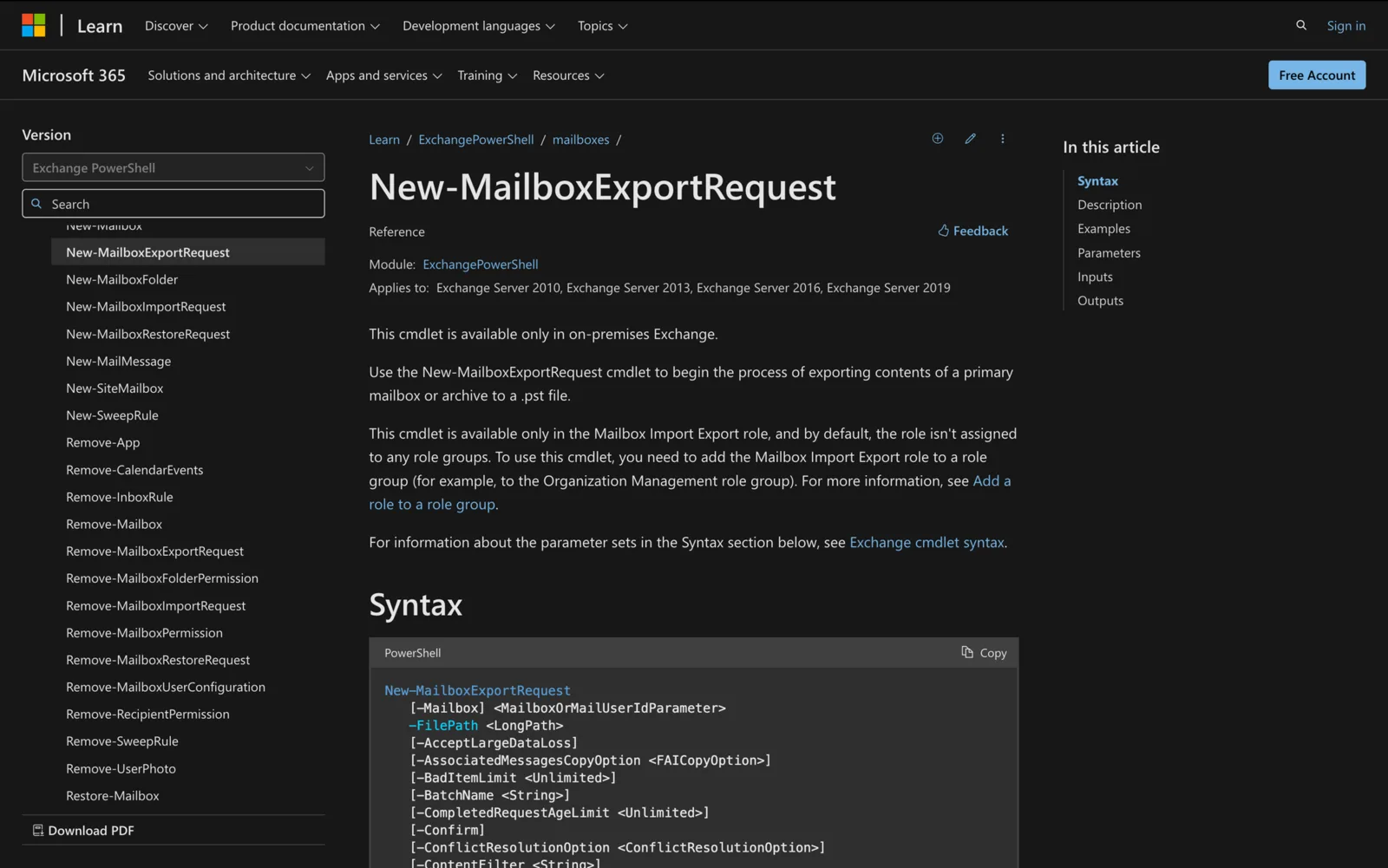 Microsoft Learn documentation for the New-MailboxExportRequest cmdlet showing its PowerShell syntax