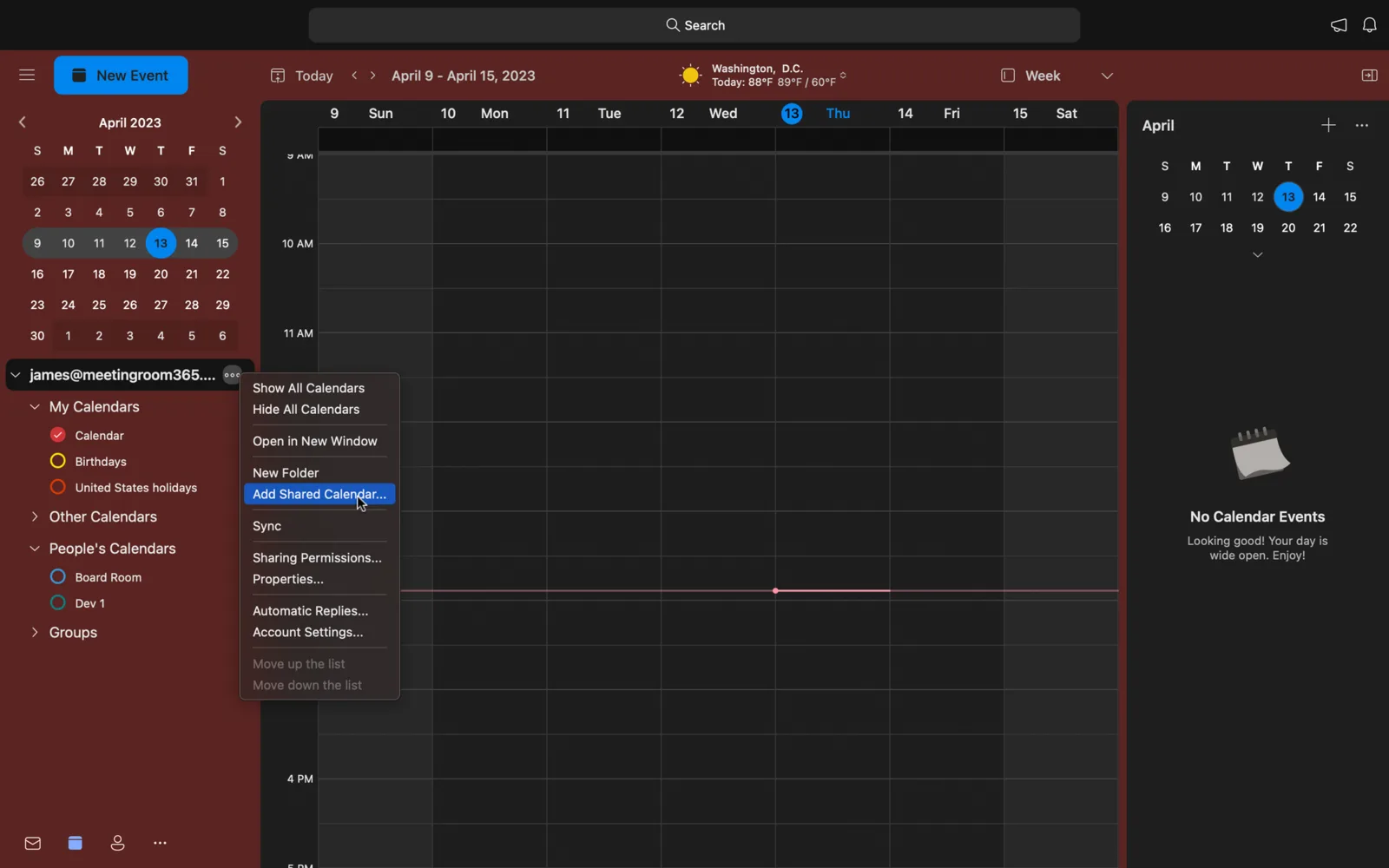 New Outlook desktop calendar menu with Add Shared Calendar highlighted